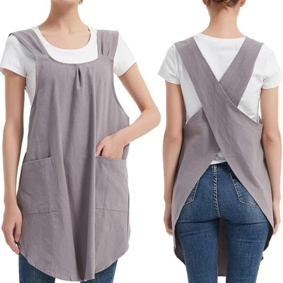 Japanese Apron Halter Cross Back Bandage X Shape Aprons Two Pockets Cotton Linen - Picture 8 of 9
